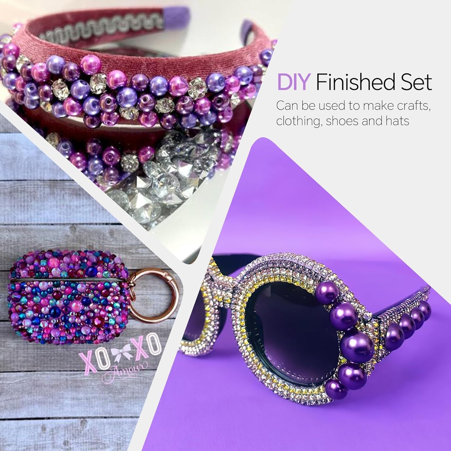 60g Purple Flat Back Pearls Rhinestones for Crafts Mixed Size 3mm-10mm AB Color Round Half Pearls Flatback Pearl Beads and Resin Rhinestones Set for Face Art with Gel