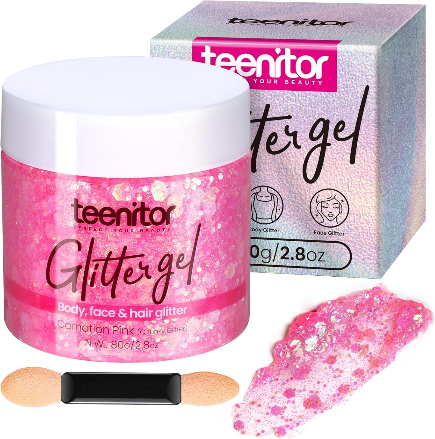 Teenitor Face Glitter, Pink Body Glitter Gel, Hair Glitter Gel, 80g/2.8oz Holographic Rave Glitter for Face and Body