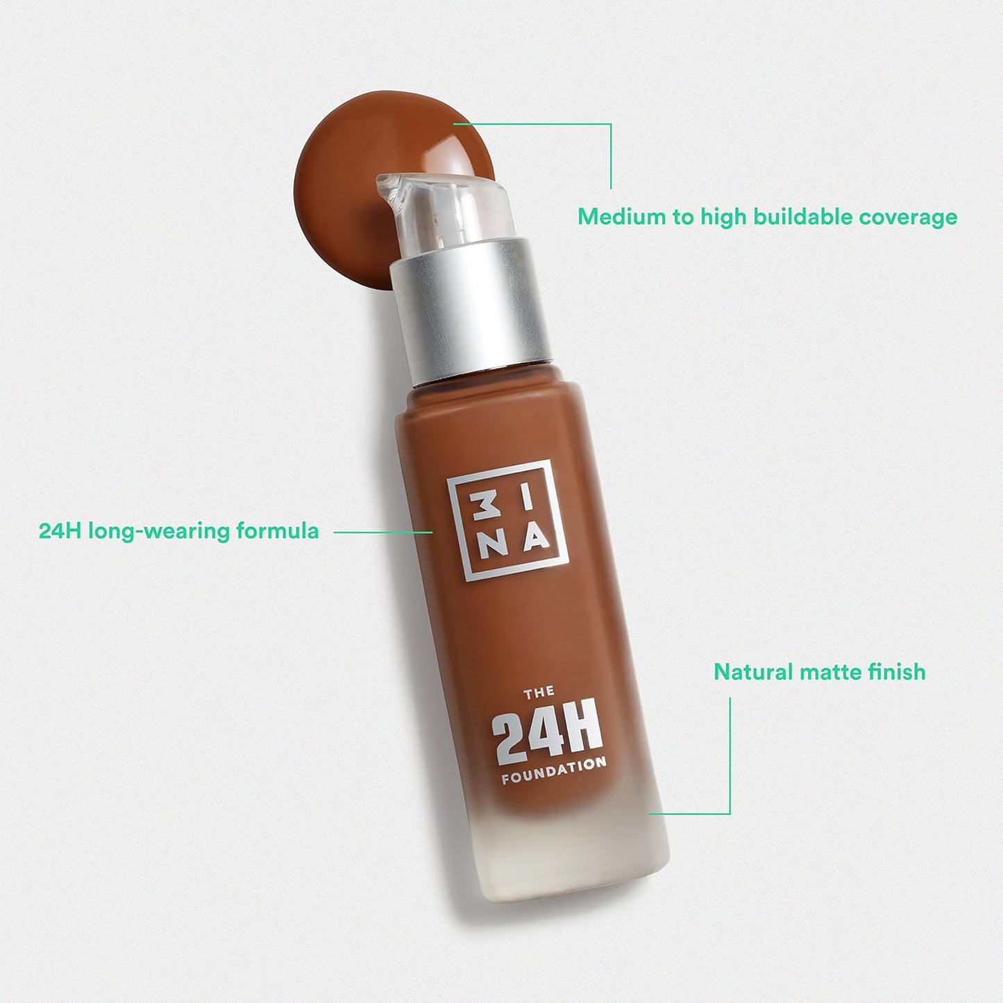 3INA The 24H Foundation 641-24H Long-Wearing Formula - Medium To High Buildable Coverage - Smooth Matte Finish - Expanded Shade Selection - Waterproof, Cruelty Free, Vegan Makeup - 1.01 Oz