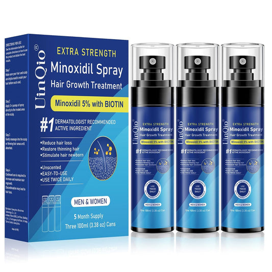 5% Minoxidil Spray for Men and Women, Infused with Biotin, for Hair Regrowth Treatment, Beard Growth, Extra Strength Treatment to Combat Hair Loss and Thinning, 5 Month Supply, 3 x 3.38 oz
