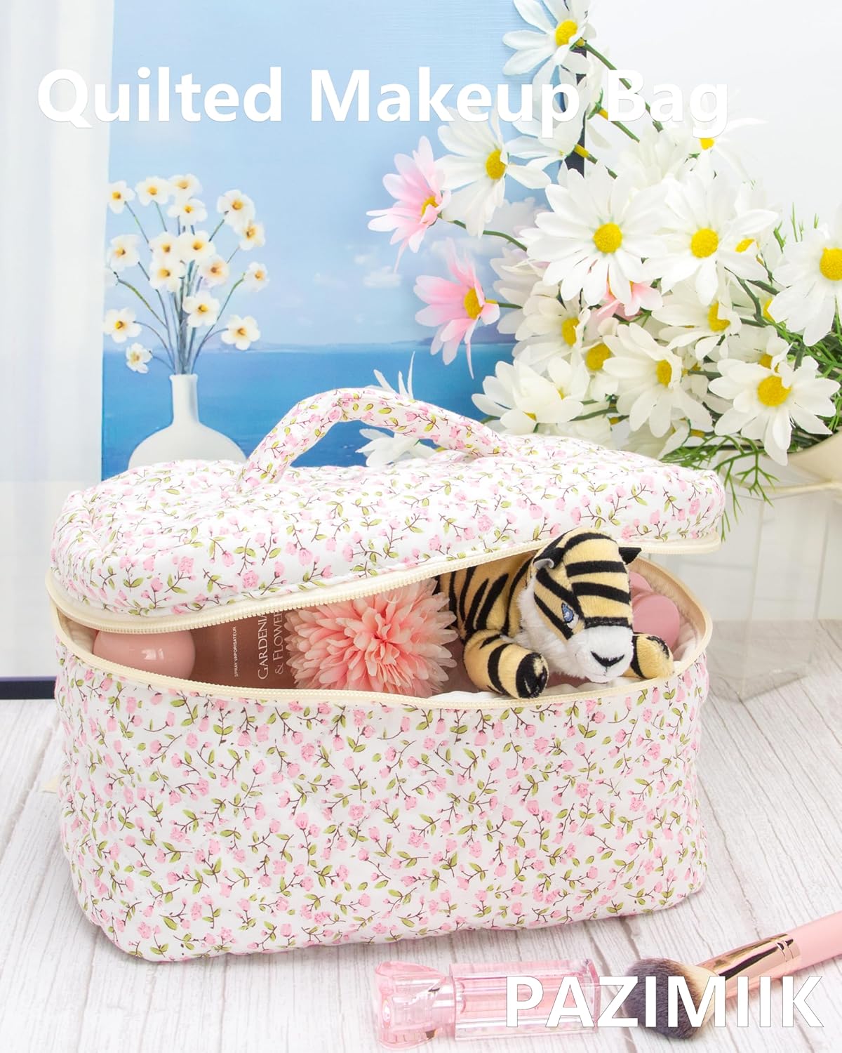 Quilted Makeup Bag Large Travel Zipper Soft Cosmetic Case for Women Girls Make Up,Floral Pink