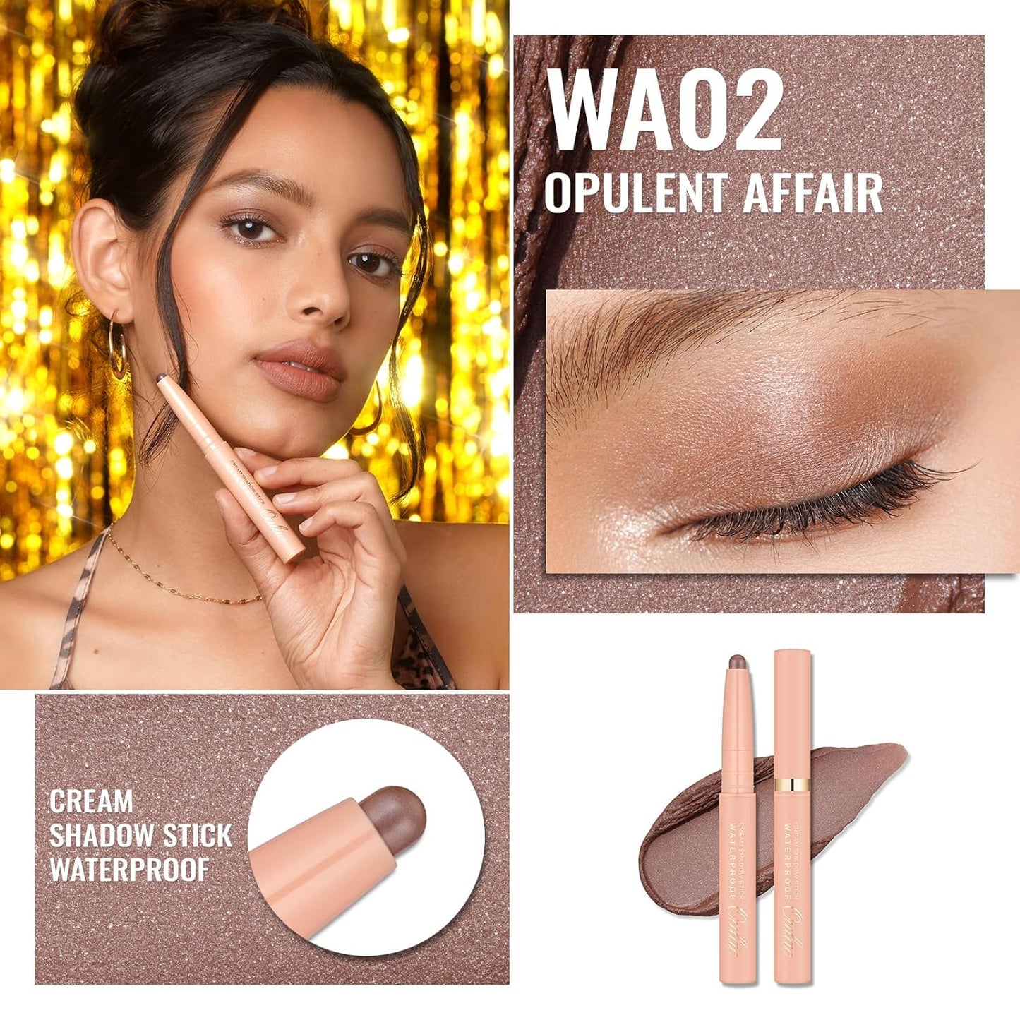 Oulac Mocha Eyeshadow Crayon – Twist-Up Waterproof Stick, Soft Shimmer Finish, Vegan & Cruelty-Free, 1.25g, WA02 Opulent Affair
