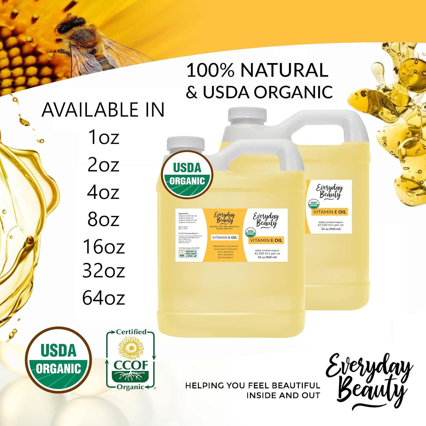 Organic Vitamin E Oil - 64 oz Bulk USDA Certified 100% All Natural & Plant Based - Light and Unscented Great for Scars After Surgery - For Face, Skin, Hair and Nails - Anti-Wrinkle, Anti-Aging