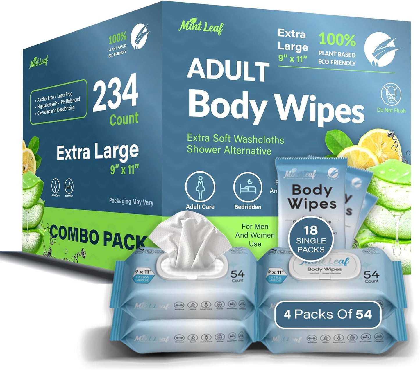 XL Adult Body Wipes - No Rinse Shower & Incontinence Bath Wipe, 11x9 Cleansing Washcloths with Aloe Vitamin E, Hypoallergenic Disposable Wipes for Adults, Seniors, Gym & Travel - 4 Packs + 18 Singles