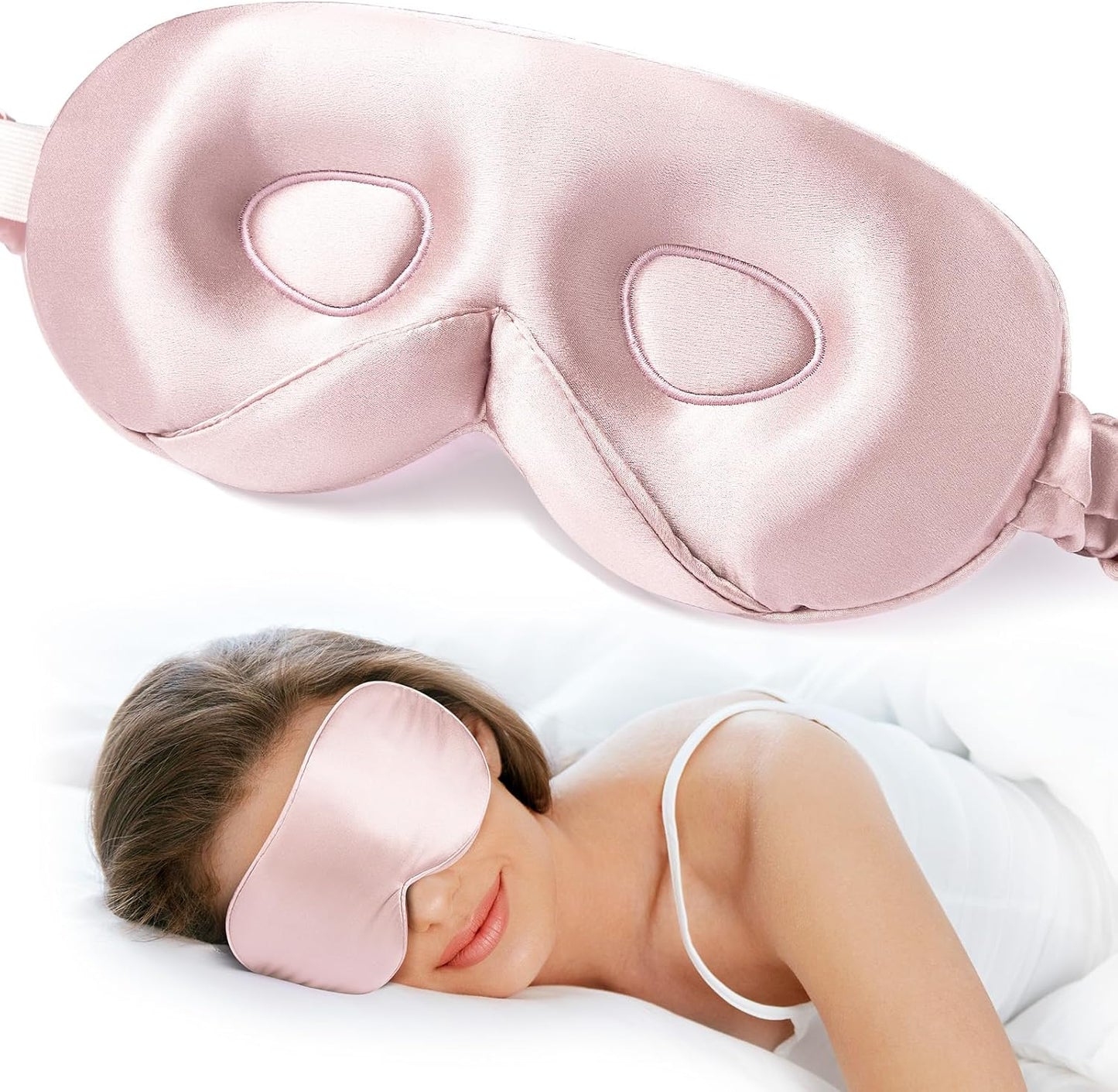 LitBear 100% 22 Momme Mulberry Silk Sleep Mask - 3D Contoured Eye Mask for Men Women, Soft Breathable Sleeping Mask with Adjustable Strap, Perfect Blocks Light for Sleeping (Pink)
