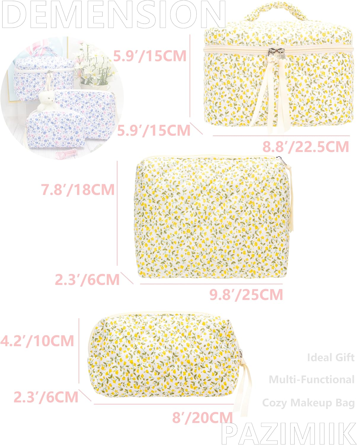 PAZIMIIK 3PCS Makeup Bag SET Large Travel Quilted Zipper Soft Cosmetic Case Pouch for Women Girls Make Up,Floral Yellow