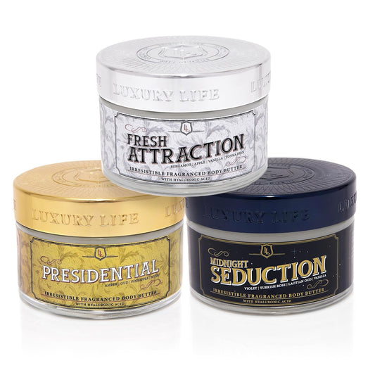 LUXURY LIFE BUTTER - Irresistibly Scented Body Butter with Hyaluronic Acid for Ultimate Moisture. Hydrates for a Non-Greasy Glamorous Glow (Presidential, Fresh Attraction, Midnight Seduction 5 oz)