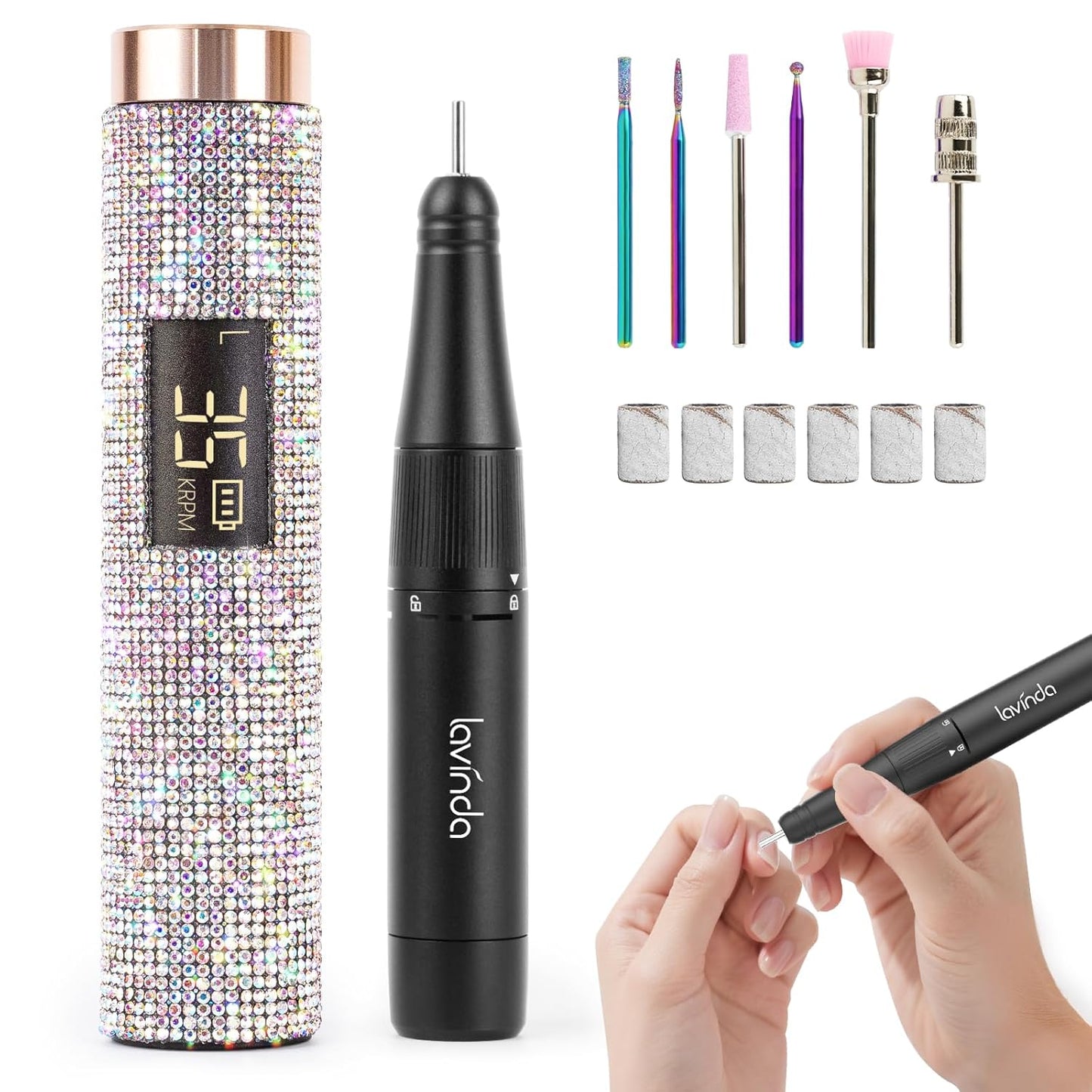 Lavinda Portable Nail Drill 35000 RPM, Professional Rechargeable Cordless Electric Nail File with Bits for Acrylic Gel Nails Polishing Removal, Manicure Pedicure Efile Kit for Salon Home, Diamond