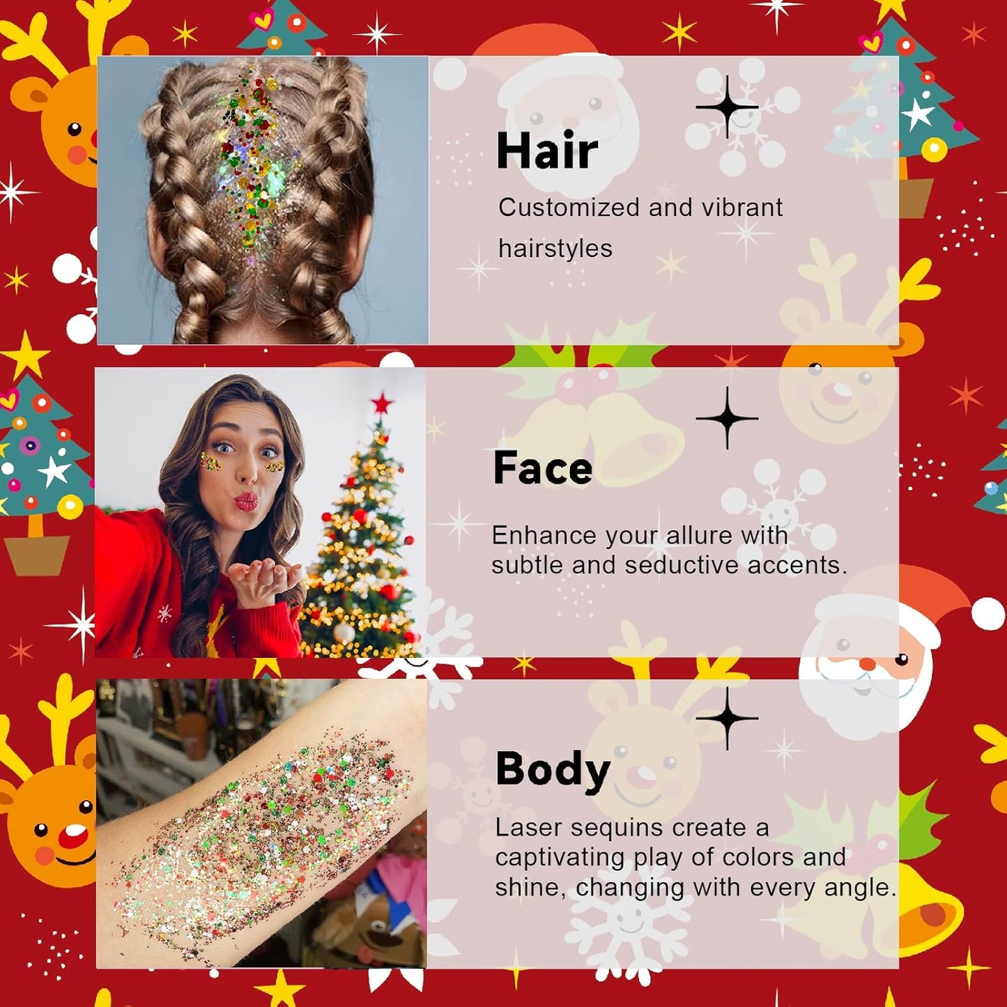 Christmas Glitter Gel for Body, Face, Hair and Lip, Color Changing Glitter Gel Under Light (Christmas)