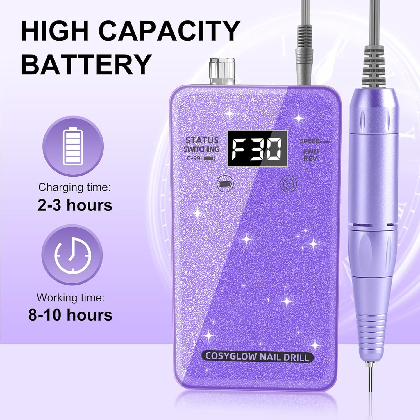 Professional Electric Nail Drill File:COSYGLOW Glitter Portable Cordless E-File Nail Drill Kit with 11 Drill Bits,30000 RPM Rechargeable Nail Drills Machine for Acrylic Nails Gel Polishing(Purple)