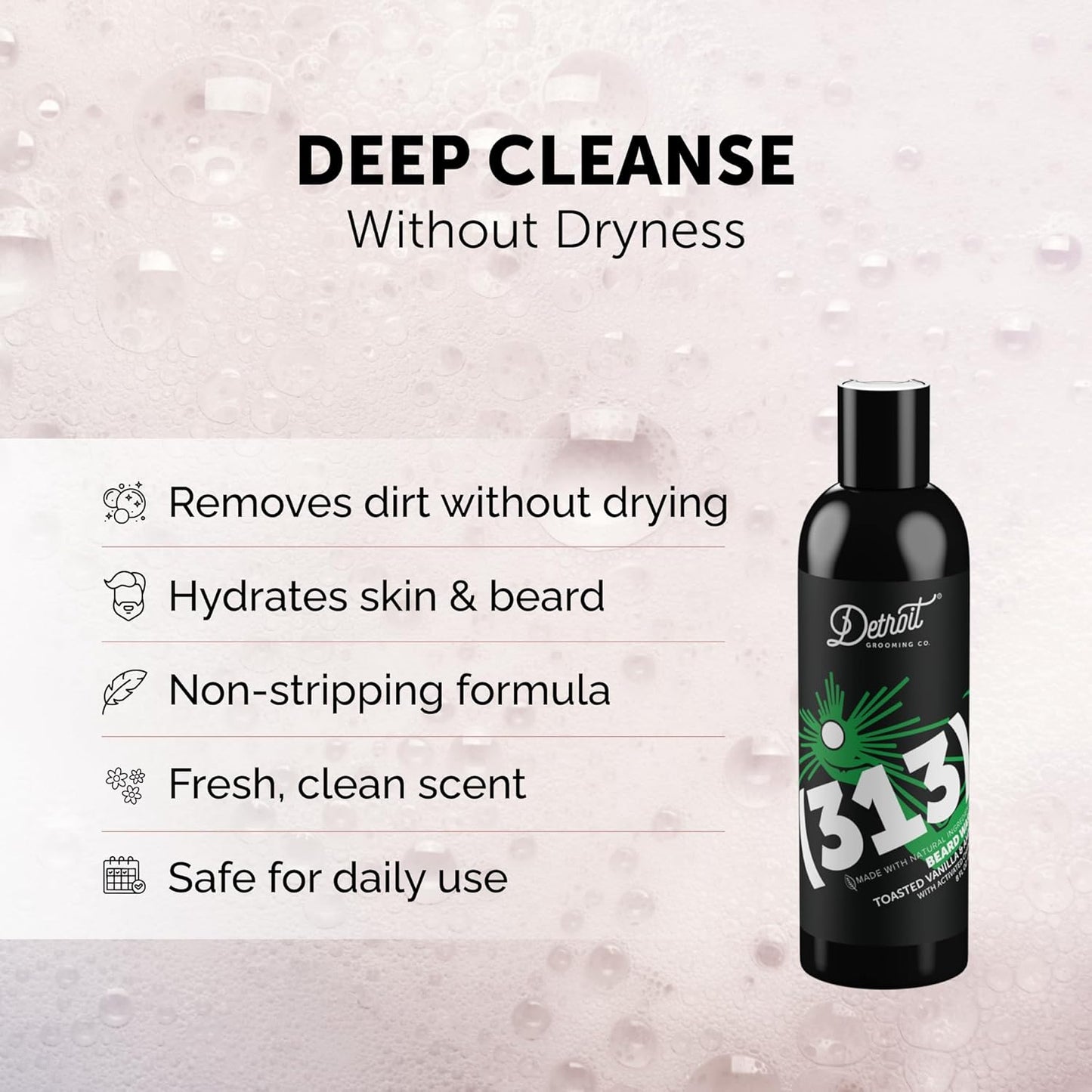 Detroit Grooming Co. Beard Wash - Men's Beard Shampoo - Deeply Cleanses & Refreshes Beards - Aloe Vera with Essential Oils - Beard & Mustache Cleanser - Toasted Vanilla & Amber Scent - 313-8oz