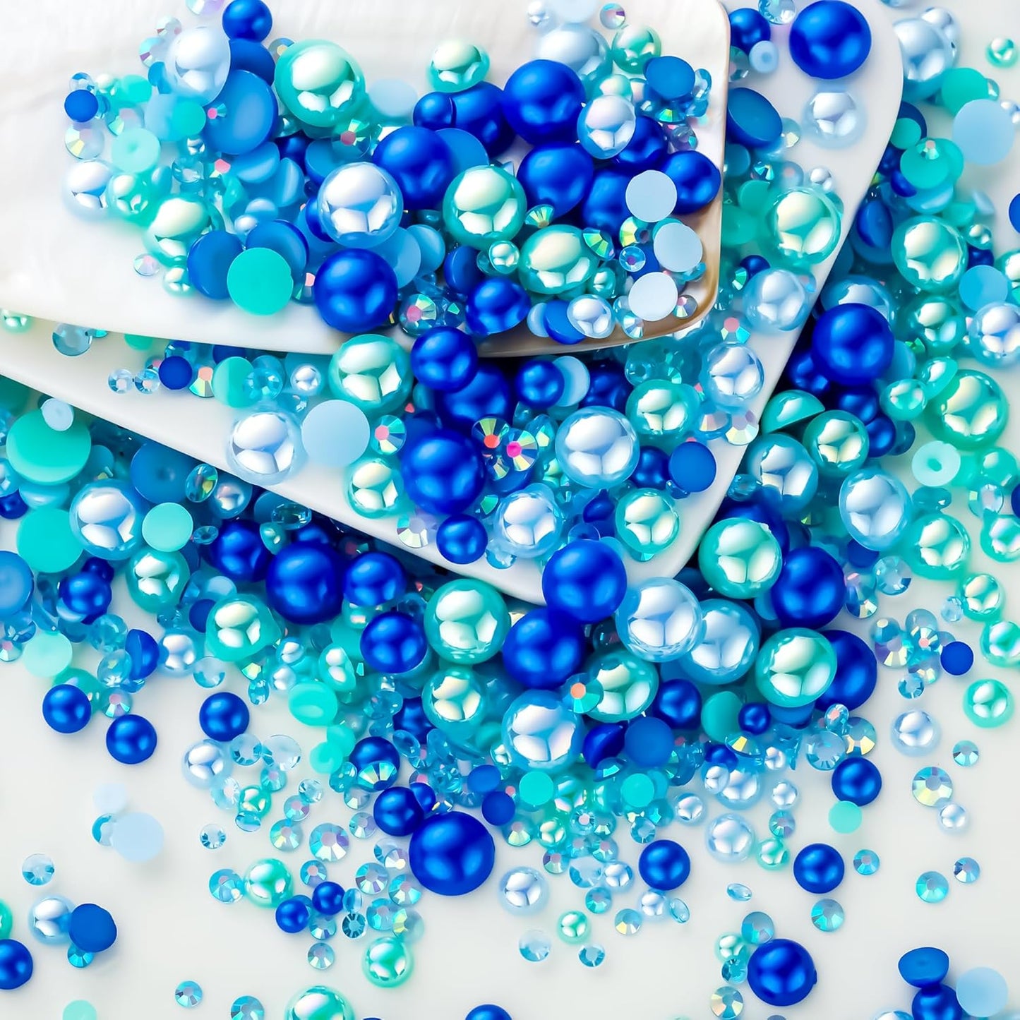 60g Cyan Blue Flat Back Pearls Rhinestones for Crafts Mixed Size 3mm-10mm AB Color Round Half Pearls Flatback Pearl Beads and Resin Rhinestones Set for Face Art with Glue