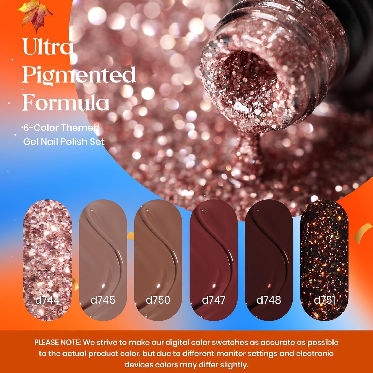 Beetles Fall Gel Polish Set Dark Brown Gel Nail Polish 6 Colors Glitter Burgundy Red Gold Black Sparkle Nail Kit Soak Off Led Manicure DIY Home Salon Gifts for Girls Women Academia Aesthetic