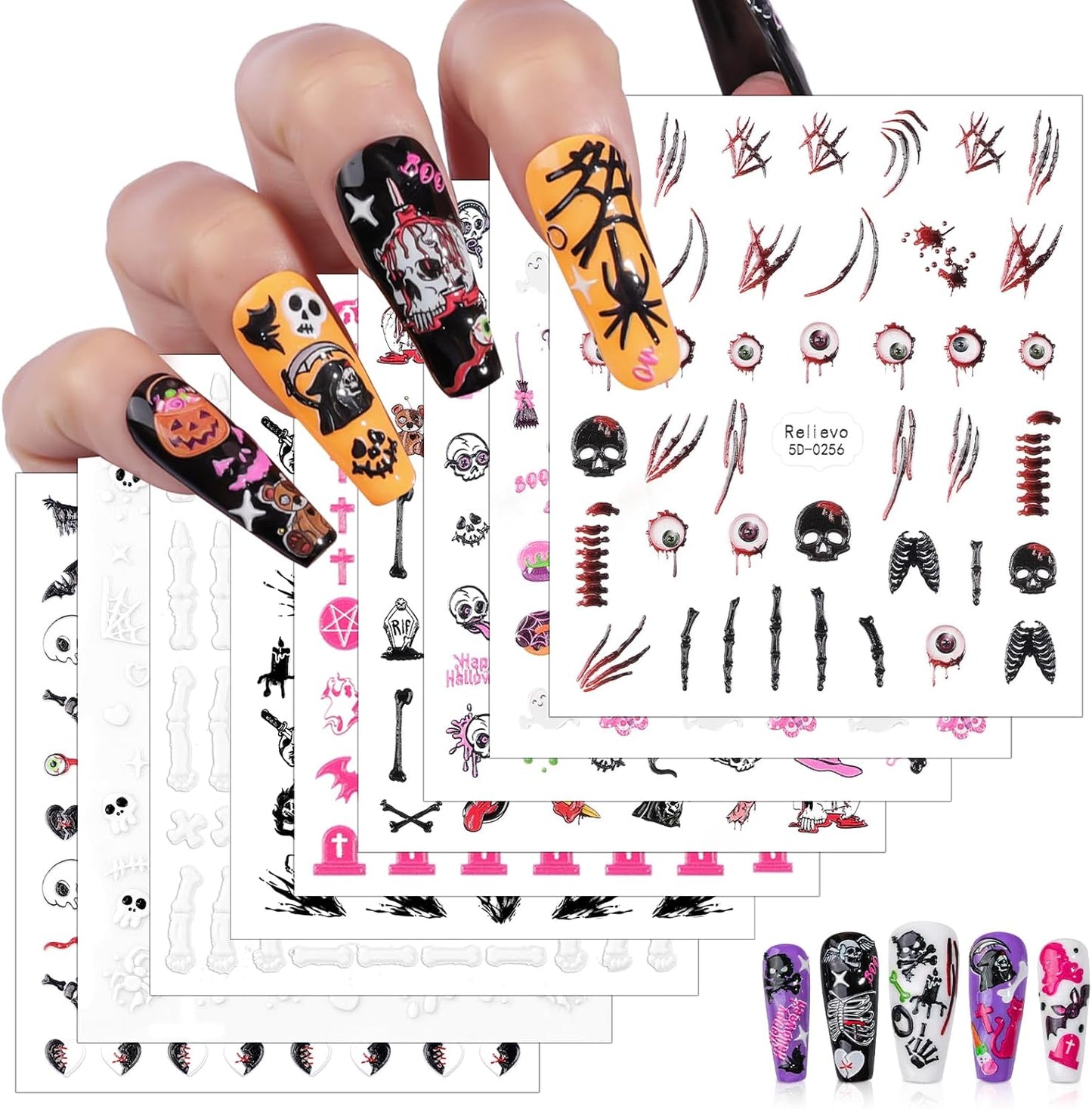 9 Sheets Halloween Nail Art Stickers 5D Embossed Nail Decals Ghost Pumpkin Bat Cat Skull Spider Web Gothic Nail Supplies for Women Girls DIY Nail Decorations