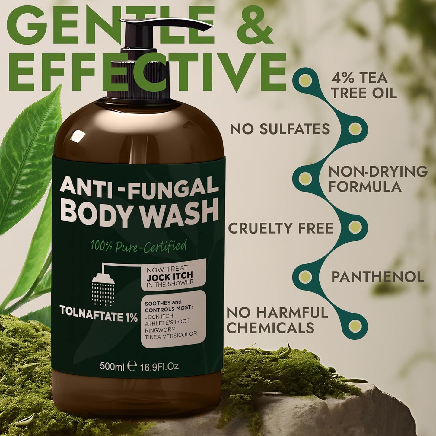 Antifungal Body Wash with Tea Tree Oil | Antibacterial Soap for Back Acne,Treats Ringworm, Eczema & Jock Itch | Antibacterial Body Soap For Men And Women | Includes Silicon Scrubber (16.9 oz)