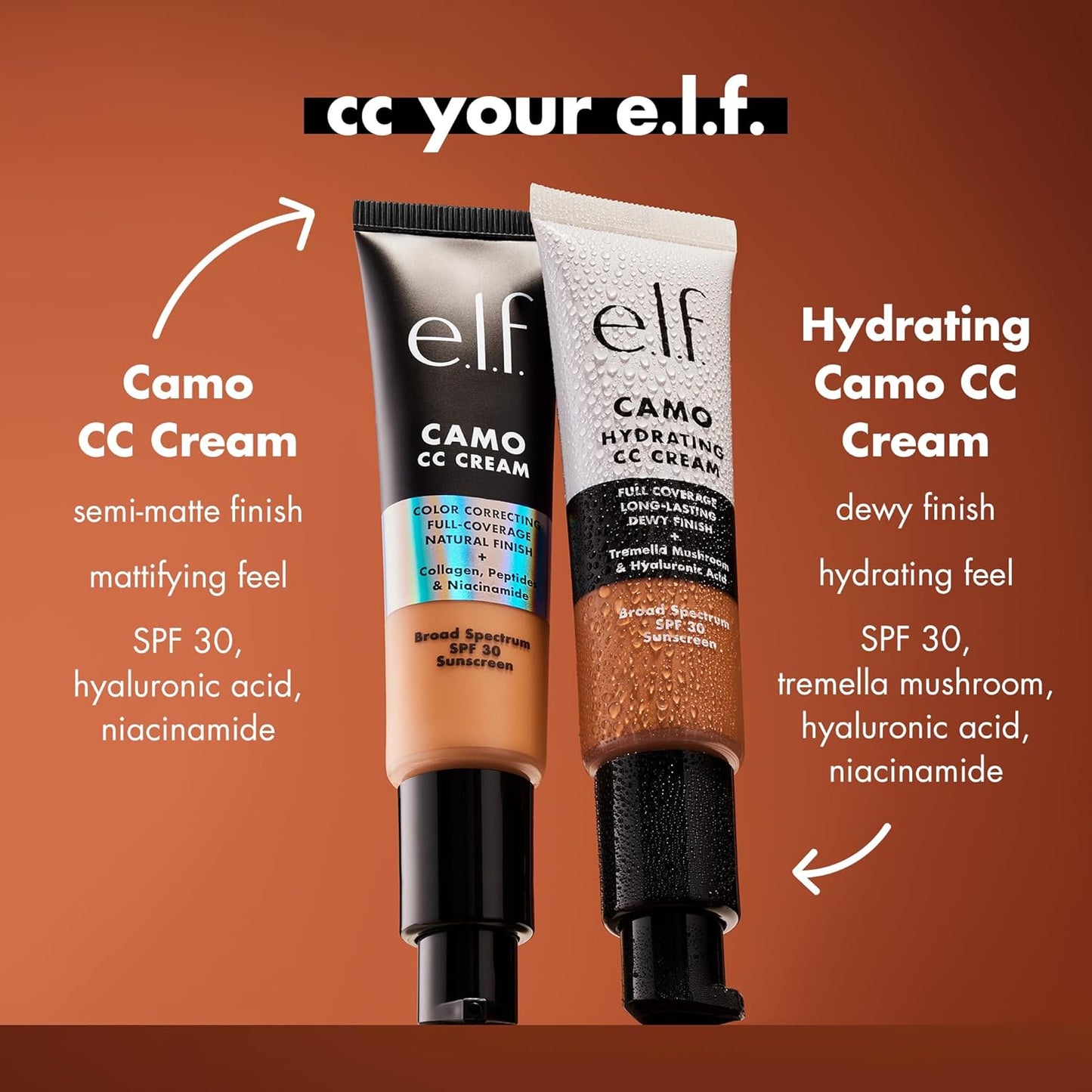 e.l.f. Hydrating Camo CC Cream, SPF 30, Color Correcting Full Coverage Foundation For A Dewy Finish, Vegan & Cruelty-Free, Rich 610 N