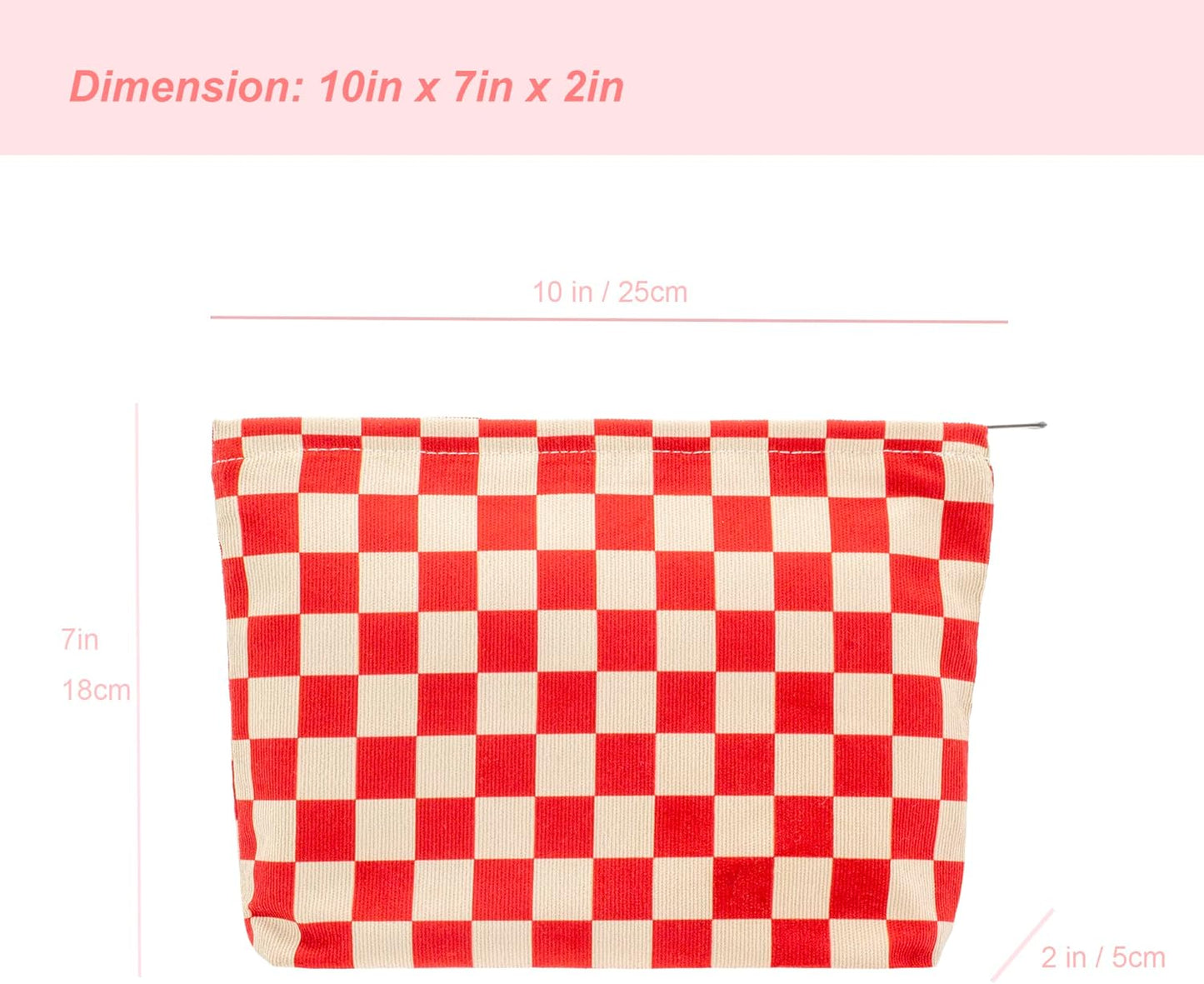 PAZIMIIK Makeup Bag Large Zipper Corduroy Make Up Pouch for Purse Travel Canvas Cosmetic Organizer for Women Brush Storage,Checkered Red