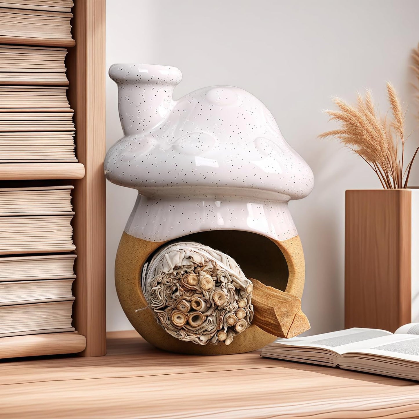 Mushroom Incense Holder, Pink Ceramic Palo Santo Holder Burner & Sage Holder - Mini Tabletop Chiminea Burner Tray with Ash Catcher, Cute Mushroom Decorations for Spiritual Meditation & Yoga