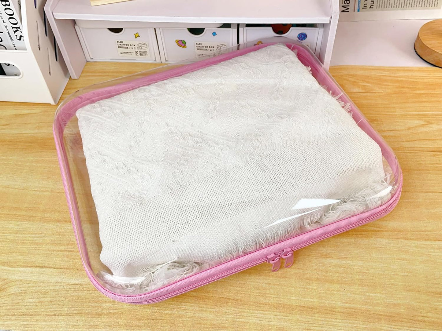 3PCS Clear Zipper Cases, Portable Clear Organizer Pouches for Travel, Double Zippered Hard Shell Plastic Case, Cosmetic Bag for Make Up Tools, Toiletries, Toy Storage (Pink, 1 Pack)