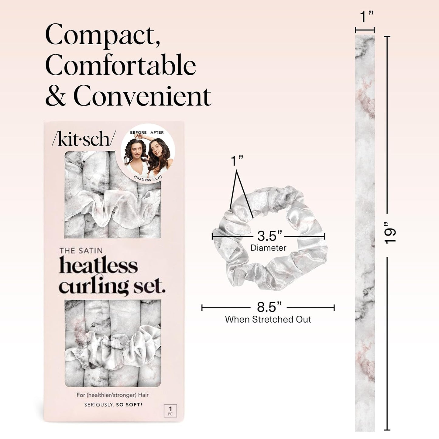 Kitsch Satin Heatless Hair Curler Set - Heatless Curls Overnight, Hair Rollers for Soft Curls & Frizz-Free Styling, No Heat Curlers To Sleep in, Curling Rod Headband with 2 Scrunchies - Marble