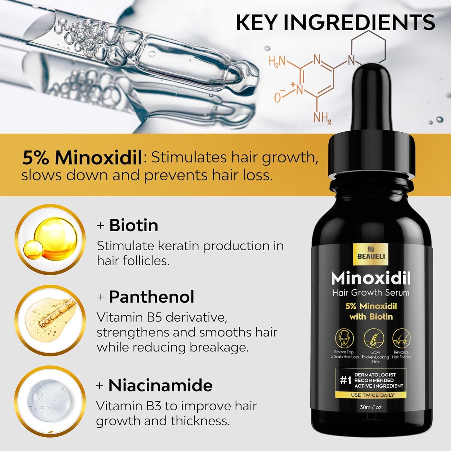 5% Minoxidil for Men and Women, Hair Growth, Beard Growth, Hair Regrowth, Unscented Drop, 3 Fl Oz, 3 Bottles