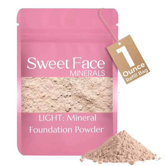 1 Ounce Light Foundation Powder Refill By Sweet Face Minerals, Lightweight Mineral Loose Makeup Powder with SPF 20, Full Coverage Flawless Finish, Talc-free, Cruelty-Free, Refillable Pouch