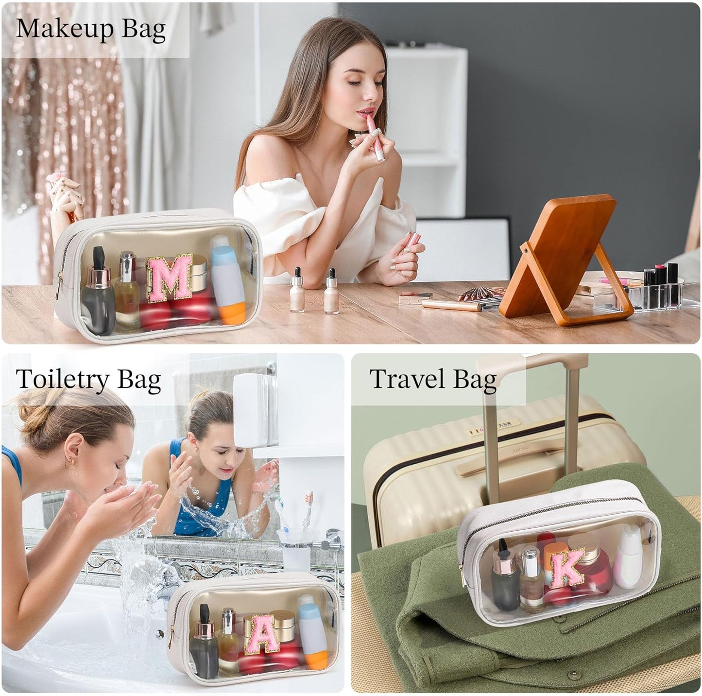 YOOLIFE Initial Make Up Bag Travel Toiletry Bag, Clear Makeup Bag Preppy Cosmetic Bag Clear Makeup Bags With Zipper Girlfriend Teacher 8 Year Old Girl Gifts Daughter Gifts Swim Gifts For Girls White T