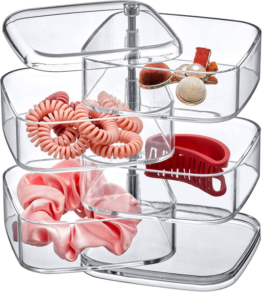 Amazing Abby - Inspire - 4-Tier Acrylic Hair Accessories Organizer with Lid, Plastic Jewelry Holder, Rotating Makeup Accessories Container, Beauty Supply Storage, Clear, Square (4.5" x 4.5")