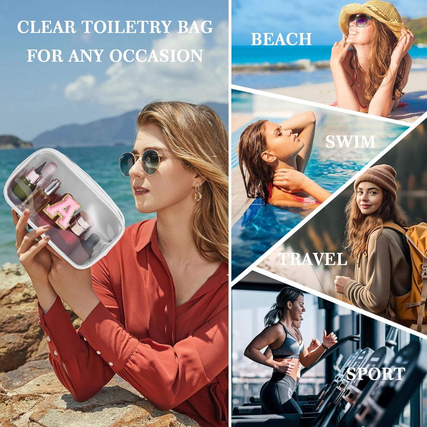 YOOLIFE Initial Travel Makeup Bag Pouch, Clear Toiletry Bag for Women Travel Accessories Cosmetic Bag Skin Care for Teen Make Up Bags Birthday Gifts for Women Unique Teacher Mom Friends Gifts White B