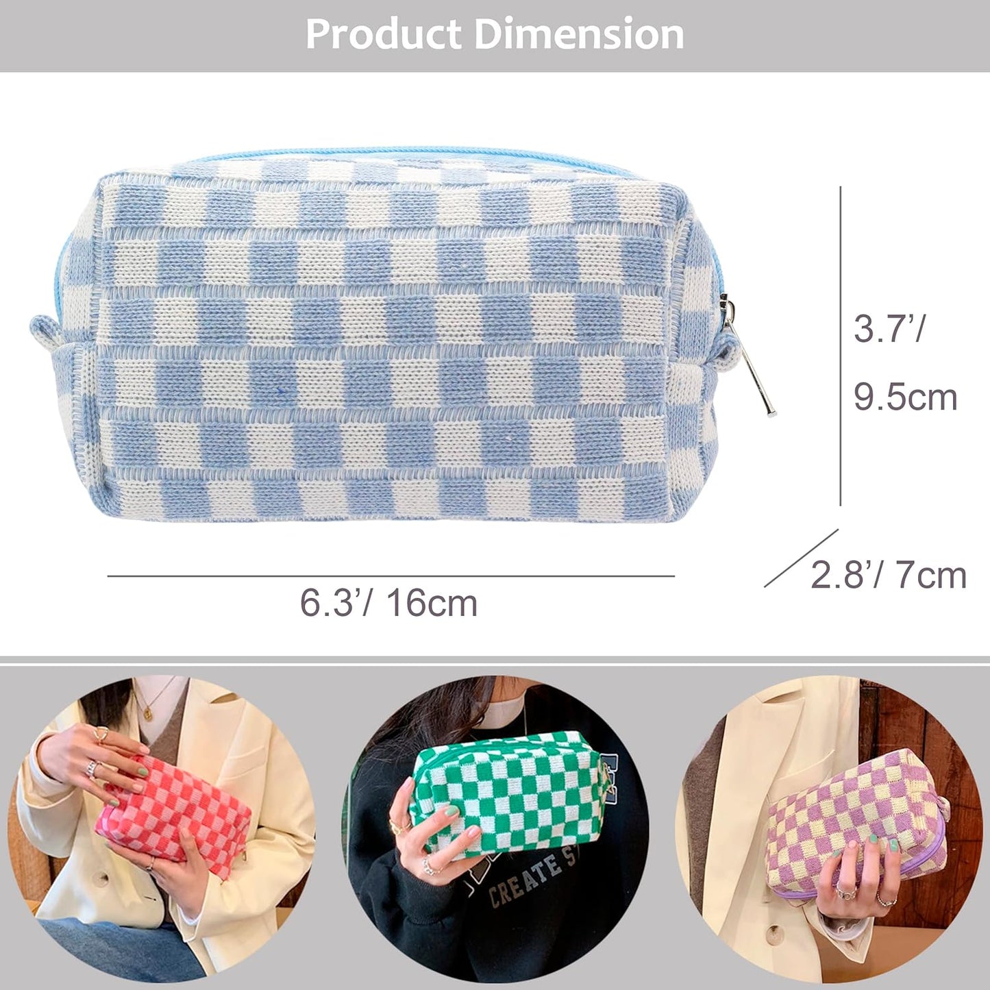 PAZIMIIK Checkered Makeup Bag for Purse Portable Zipper Make Up Pouch Small Cosmetic Case for Travel Accessories (6PCS Blue)