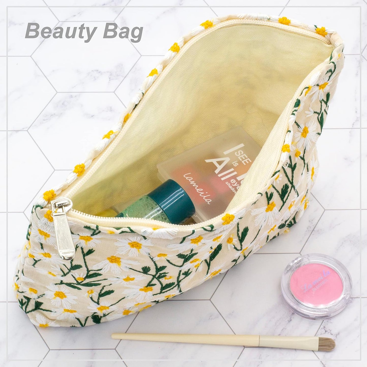 Makeup Bags for Purse Zipper Cosmetic Pouch Large Travel Canvas Make Up Organizer Tool Pouch for Women and Girls,Daisy White