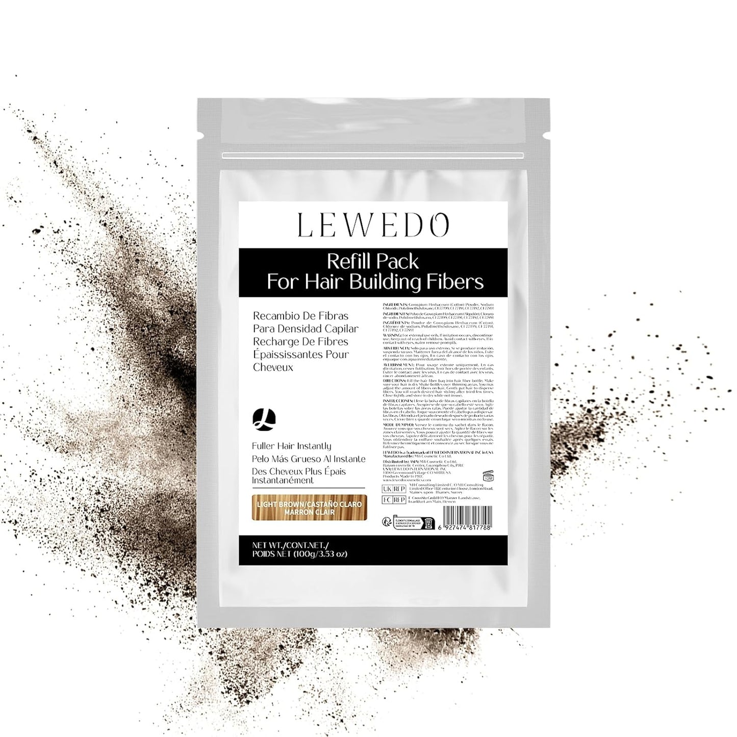 Hair Building Fibers Refill Pack - 100g Instant Thickening Fibers for Men & Women, Natural Cotton Powder, Wind/Rain Resistant, For All Hair Fiber Applicator Bottles (Light brown)