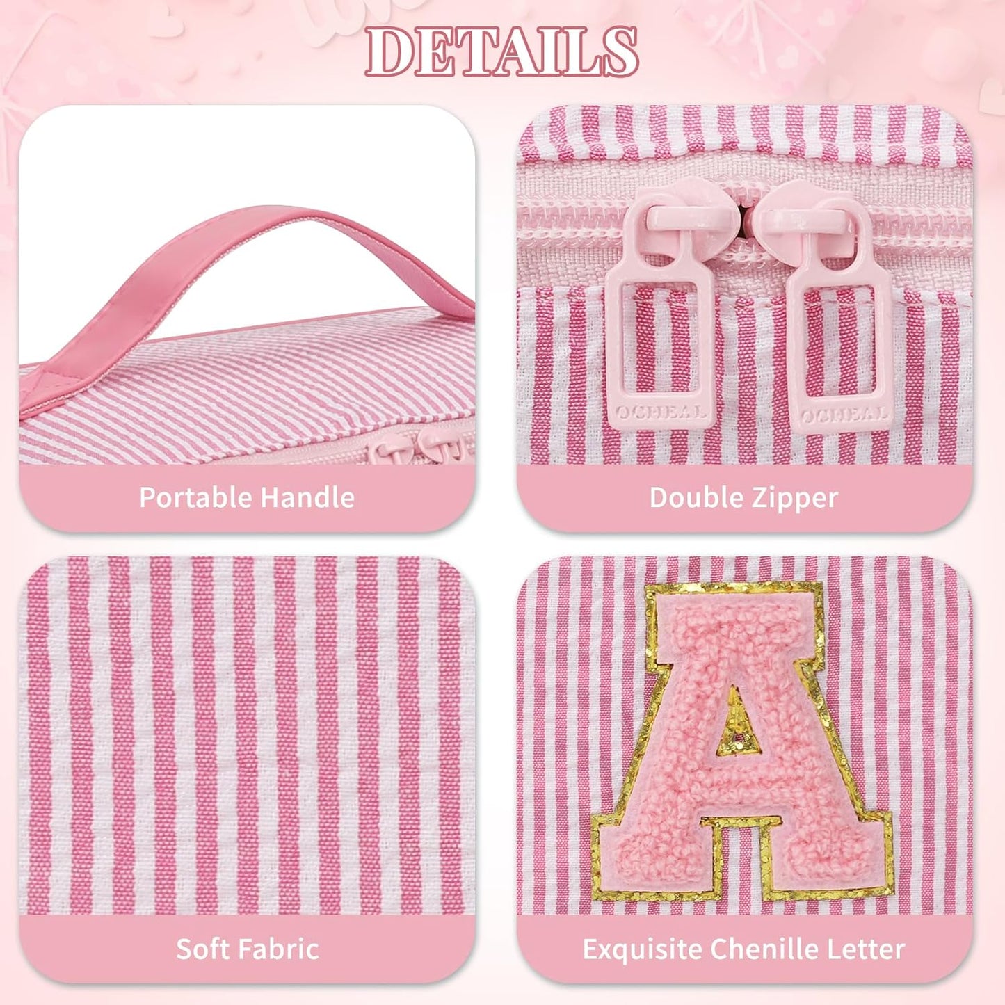 Travel Makeup Bag for Women, 2Pcs Portable Personalized Initial Makeup Organizer Bag, Open Flat Large Cosmetic Bag With Travel Essential Pouch (Pink Letter W)