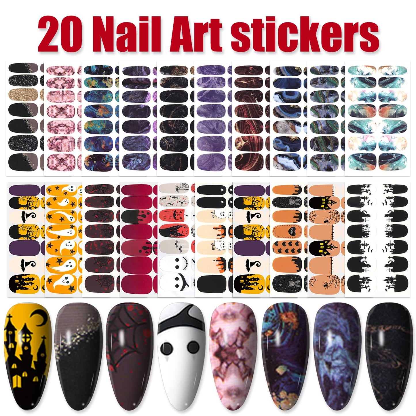 WOKOTO 20 Sheets Halloween Nail Polish Strips, Black Gradient Nail Stickers Full Wraps Kit with Nail File - Pumpkin, Bat, Ghost, Witch, Spider Halloween Nail Polish Stickers for Women Girls