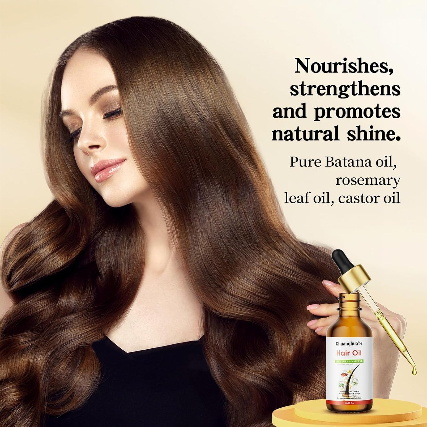 Rosemary hair oil, containing castor oil, batana oil, peppermint oil, promotes hair growth and prevents hair loss in men and women