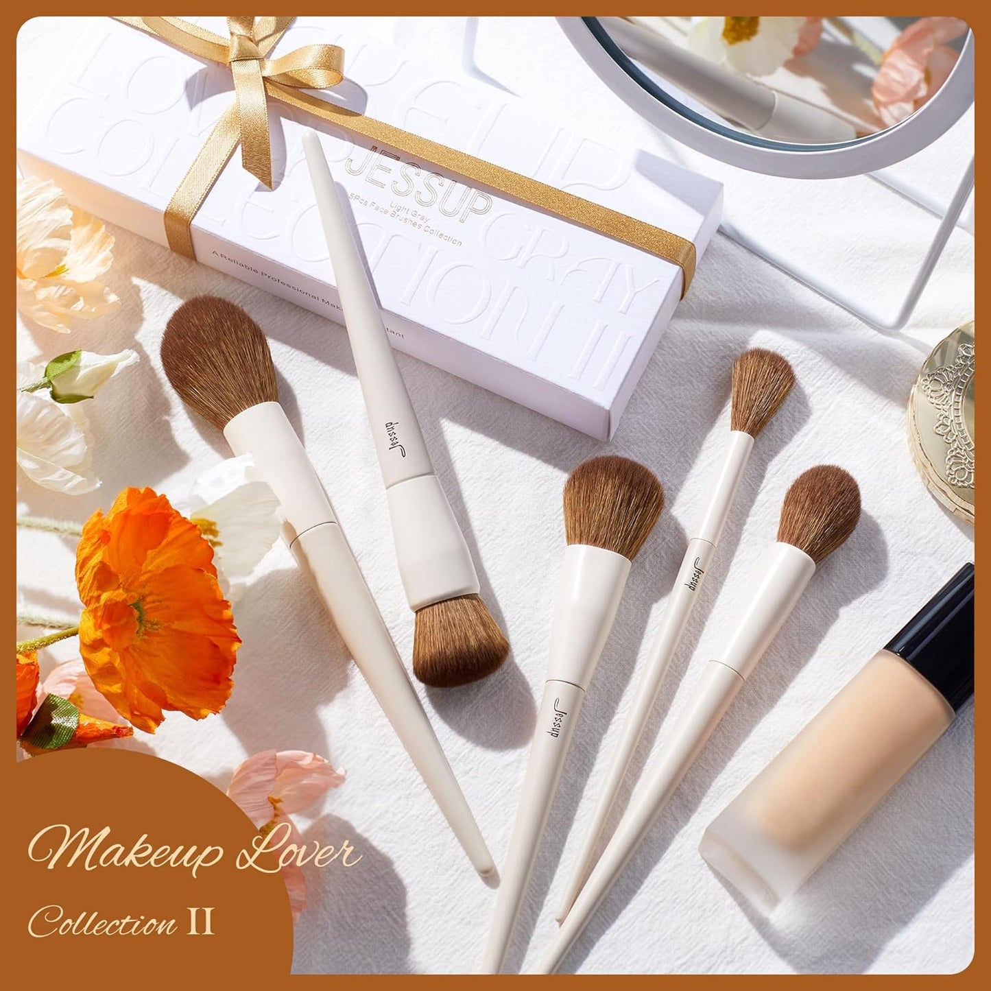 Jessup Makeup Brush Set 5Pcs Face Makeup Brushes Vegan Soft Foundation Brush Blush Brush Bronzer Contour Brush Highlighter Brush Fluffy Setting Powder Brush, Light Grey T493