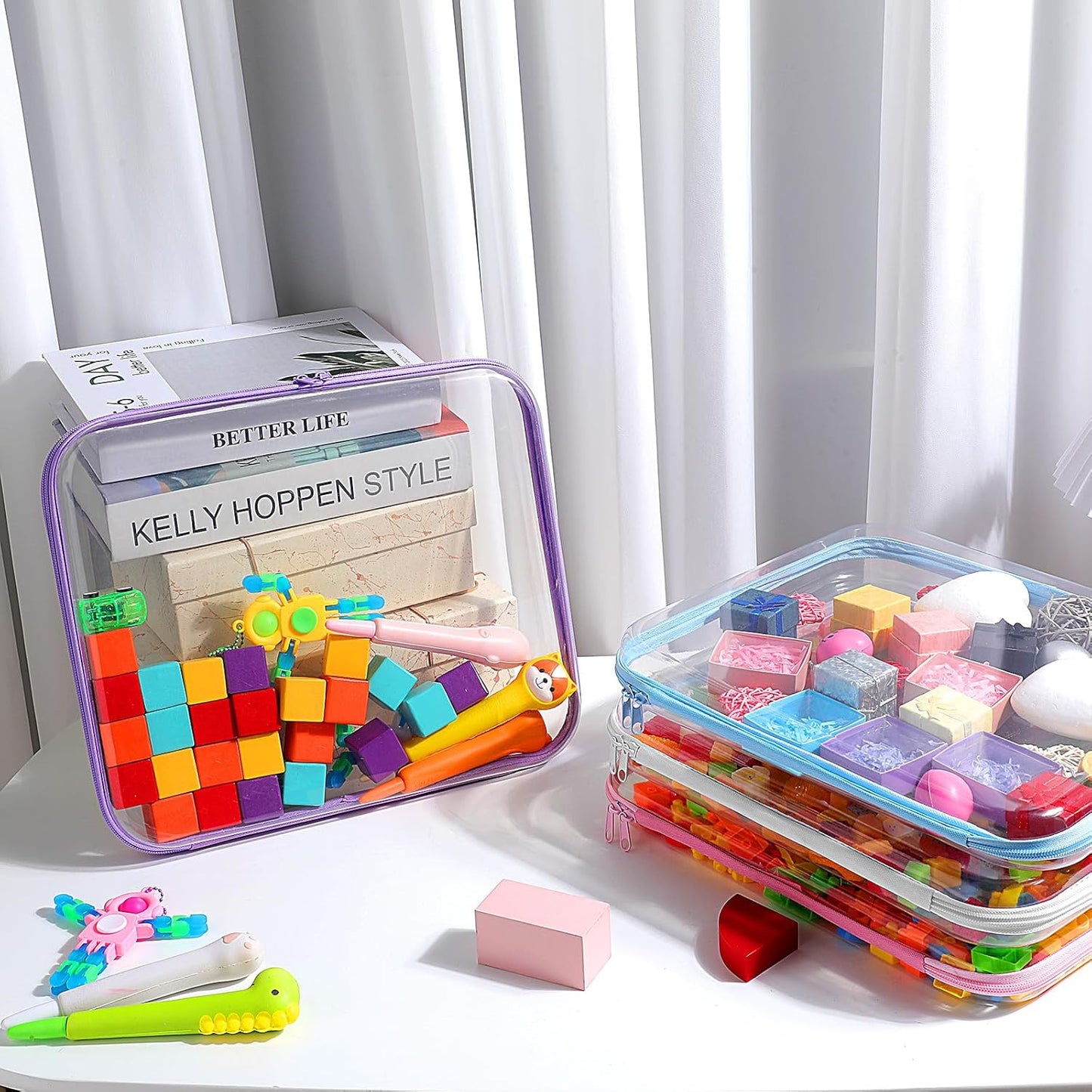 Hoolerry 4 Pcs Hard Clear Zipper Case Makeup Bags Plastic Pencil Pouch Transparent Storage Box Containers for Cosmetics, Snacks, Building Blocks, Puzzles(Multicolor,13.8 x 11.8 x 2 in)