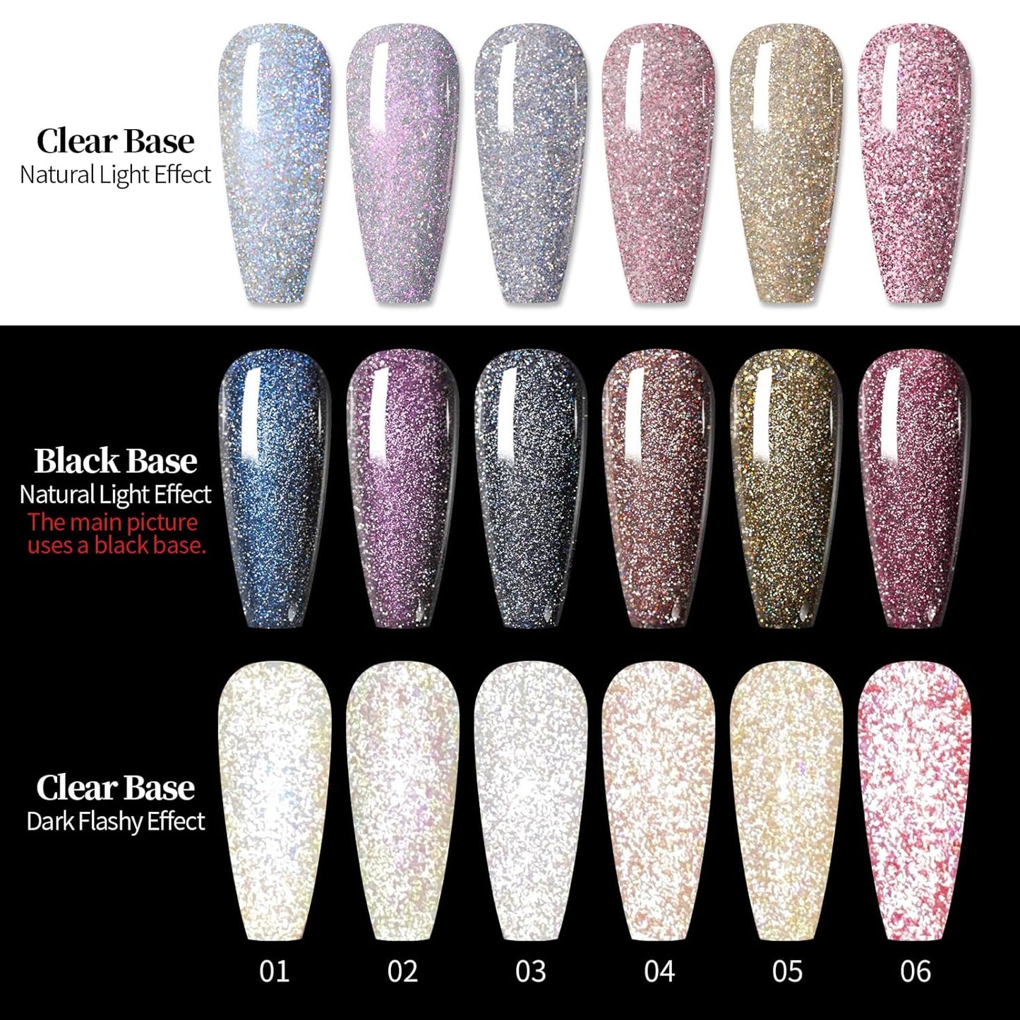 Born Pretty Reflective Glitter Gel Polish Christmas Gold Silver Glitter Sparkly Shiny Disco DJ LED Gel Nail Polish Nail Varnish 6PCS 7ML