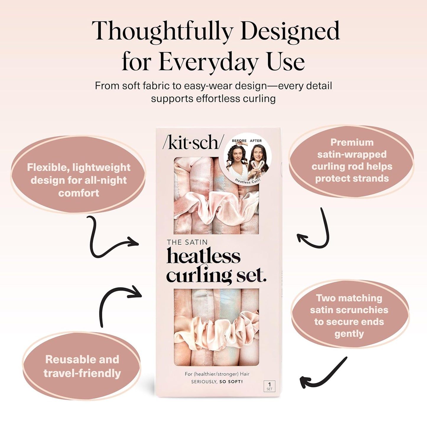 Kitsch Satin Heatless Curling Set – Heatless Curls Overnight with Hair Curler & 2 Satin Scrunchies – Hair Curlers to Sleep In for Overnight Curls – Overnight Blowout Rods – Sunset Tie Dye