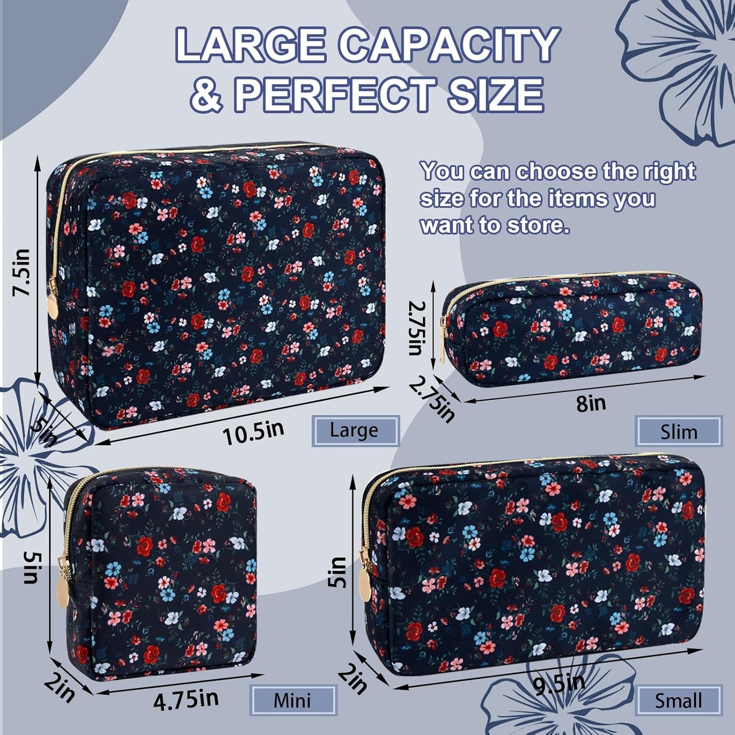Waterproof Small Floral Makeup Bag Pouch for Purse,Nylon Flower Cosmetic Bag Preppy Travel Toiletry Storage Bag for Women Girl,Cute Makeup Organizer Bag Skincare Bag with Zipper(Small Black-Flowers)