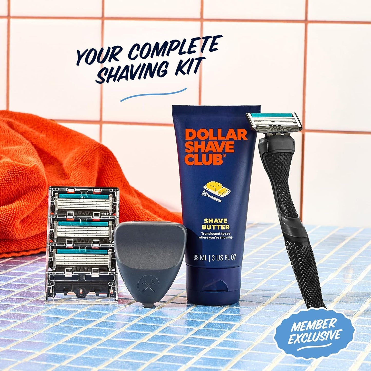 Dollar Shave Club | The Member Exclusive Shave Set | 4 Extra Close Refill Cartridges, 1 Handle (Black), 1 Shave Butter 3 ounce, 1 Razor Cover, Razors for Men