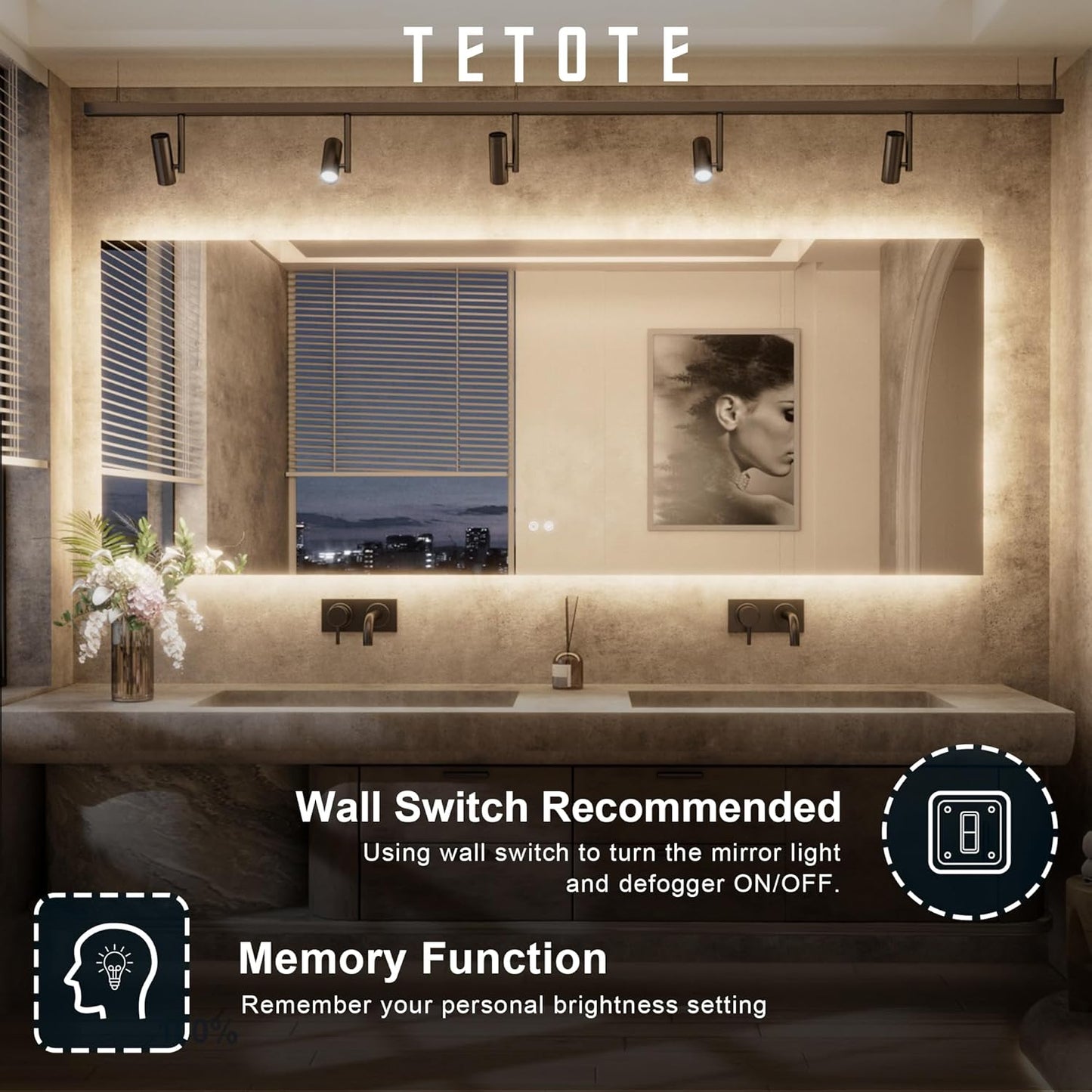 TETOTE 30 x 36 Inch LED Backlit Bathroom Mirror with Lights, 3Color White/Warm/Natural, Anti-Fog Lighted Mirror,Dimmable,Vanity Mirror,Wall Mounted