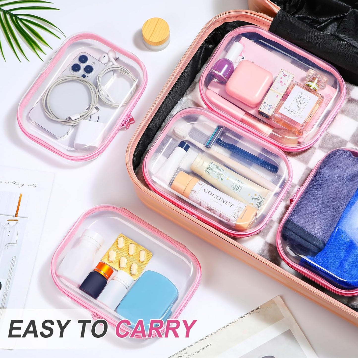 Sanwuta 6 Pcs Clear Hard Zipper Case Pencil Pouches Hard Plastic Zipper Pouches Makeup Bag Transparent Cases for Snacks Plastic Storage Organizer Box for Travel(Pink,7.87 x 5.9 x 2 Inch)