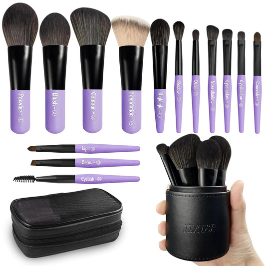 Jilier Travel Makeup Brush Set, 14 pcs Mini Makeup Brushes for Foundation, Powder, Eyeshadow, Highlight, Contour, Blush & Concealer, Small Makeup Brush Set Purse Size with Case (Purple)