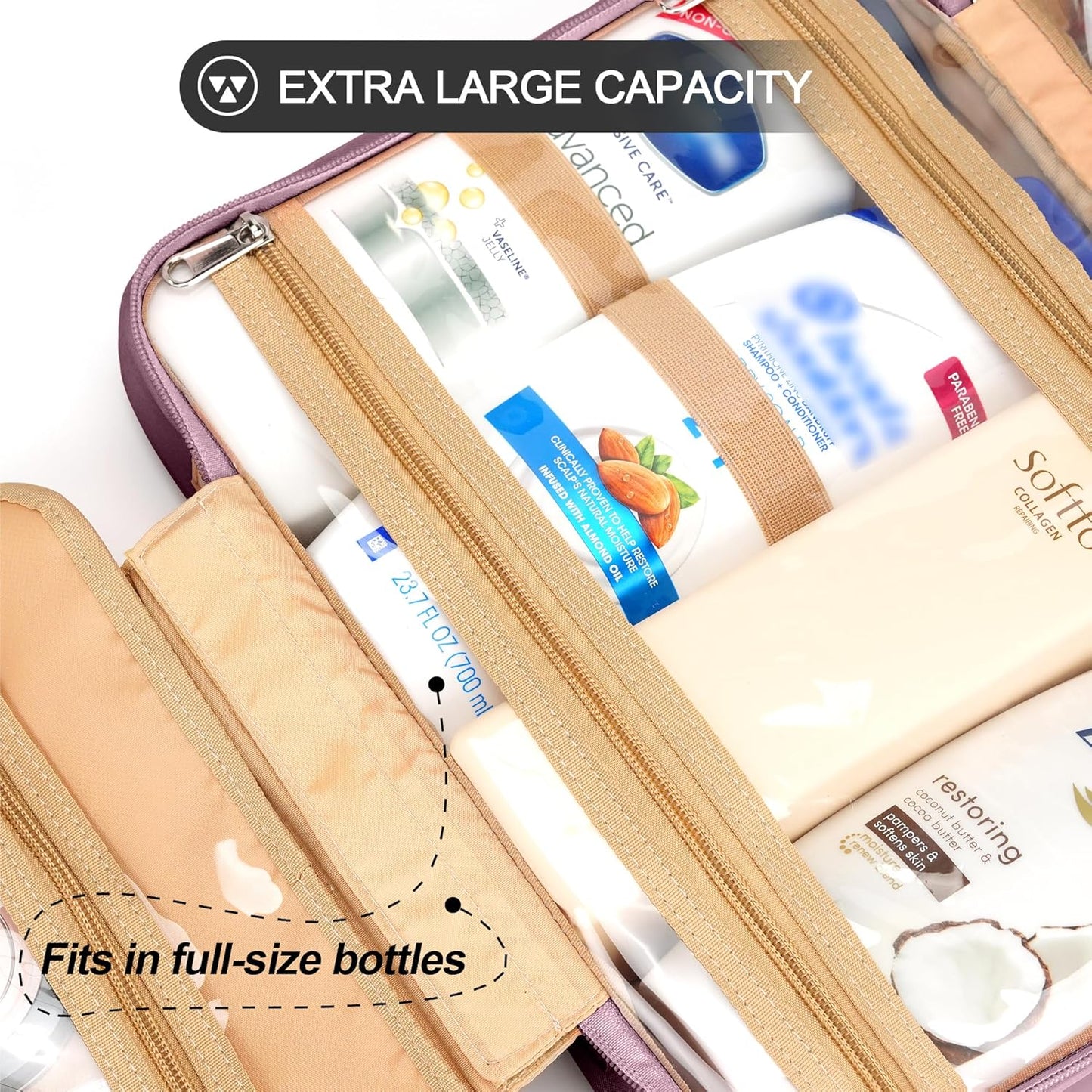 Travel Hanging Toiletry Bag for Women, Extra Large Makeup Bag, Holds Full-Size Shampoo, with Jewelry Organizer Compartment, Waterproof Cosmetic Bag, Toiletries Kit Set with Trolley Belt, Dark Purple