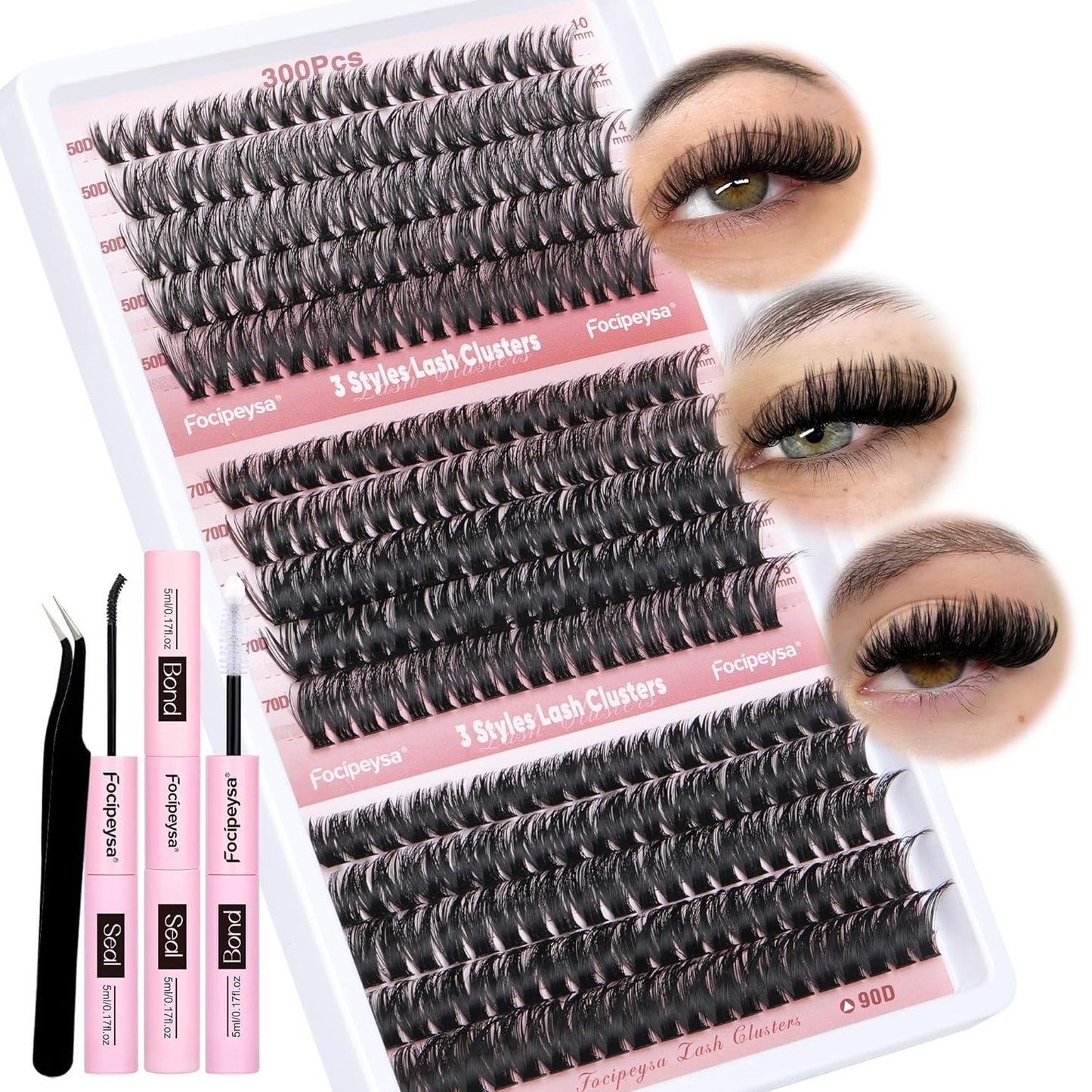 Focipeysa Eyelash Extension Kit 300pcs Lash Extensions 50D 70D 90D Eyelash Extension Full Volume Lash Clusters 10-16mm DIY Lash Extension with Waterproof Lash Bond and Seal for Makeup