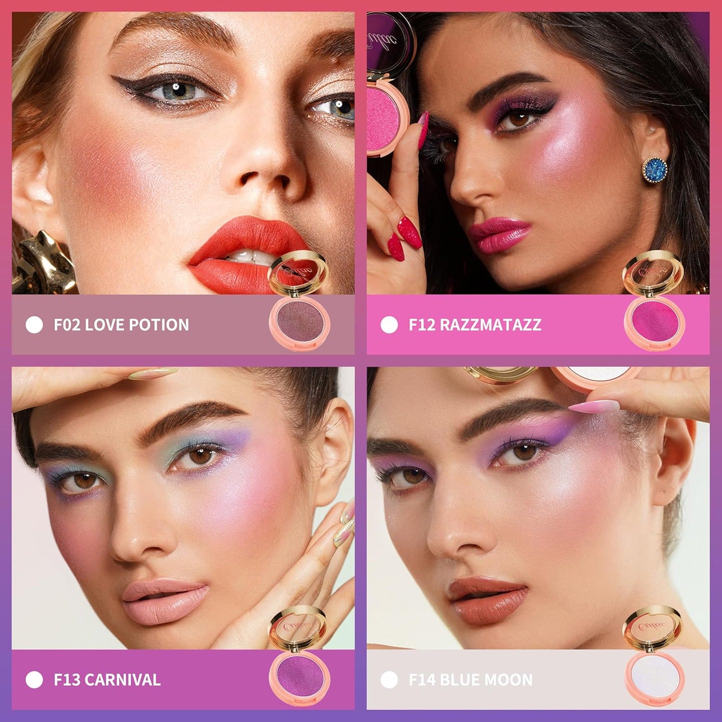 Oulac Orange Luminisers Powdery Blusher for Cheeks Face Glow,Brighten Skin As Highlighter Makeup, Shimmer Blusher,Buildable and Vegan Cosmetics,4.8g F09 Summer Flame