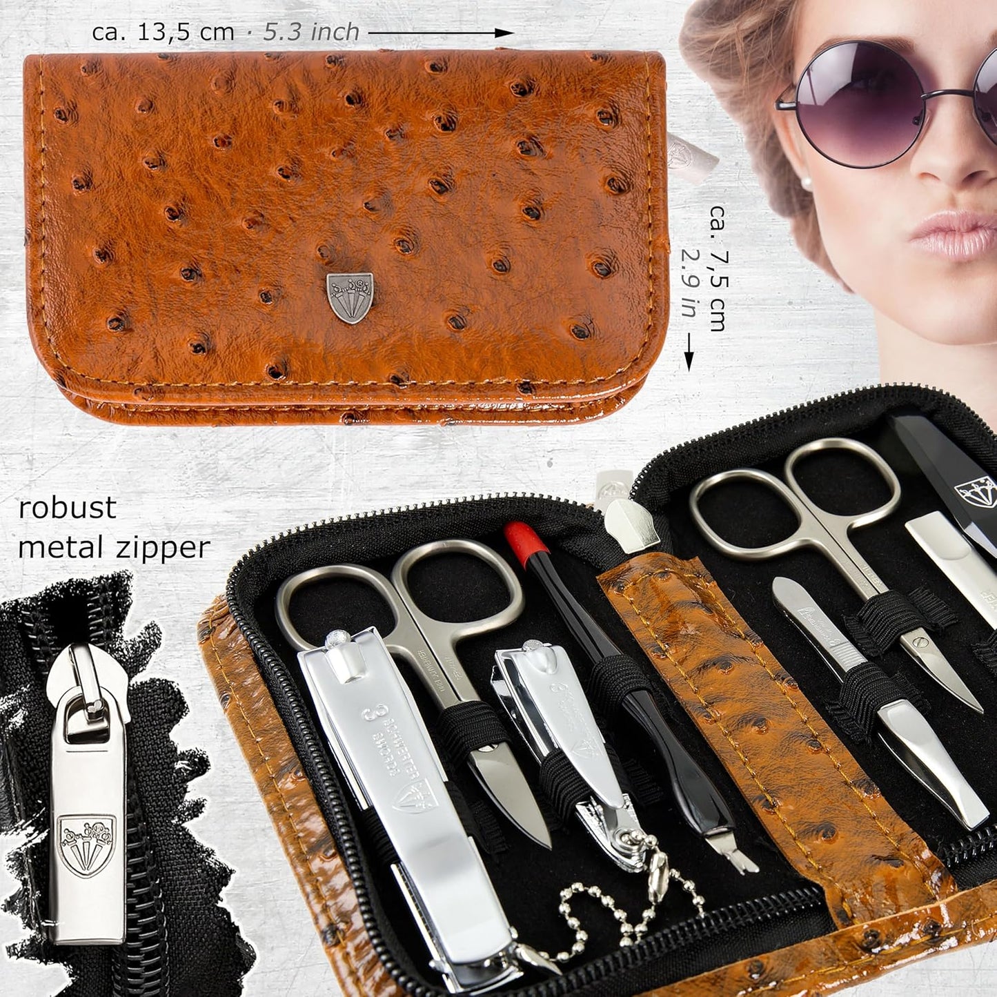 3 Swords Germany – brand quality 8 piece manicure pedicure grooming kit set for professional nail care with synthetic leather case ostrich cognac - Made in Germany