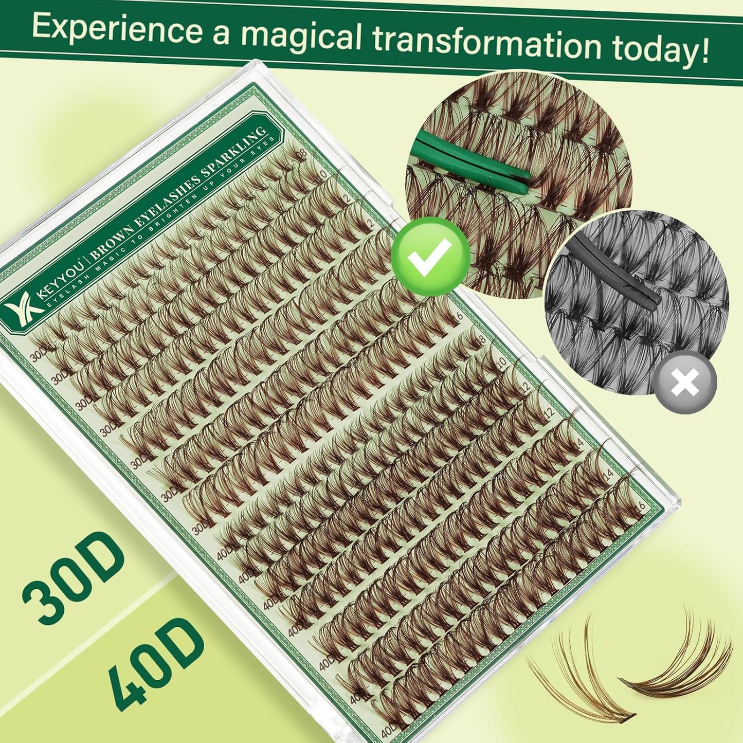 KEYYOU Brown Lash Clusters Natural Lash Extensions Wispy Eyelash Clusters 280Pcs D Curl Eyelash Extensions for Beginner Friendly Dark Lash Clusters Brown Eyelash Extensions (Brown-30D40D-D-8-16MIX）