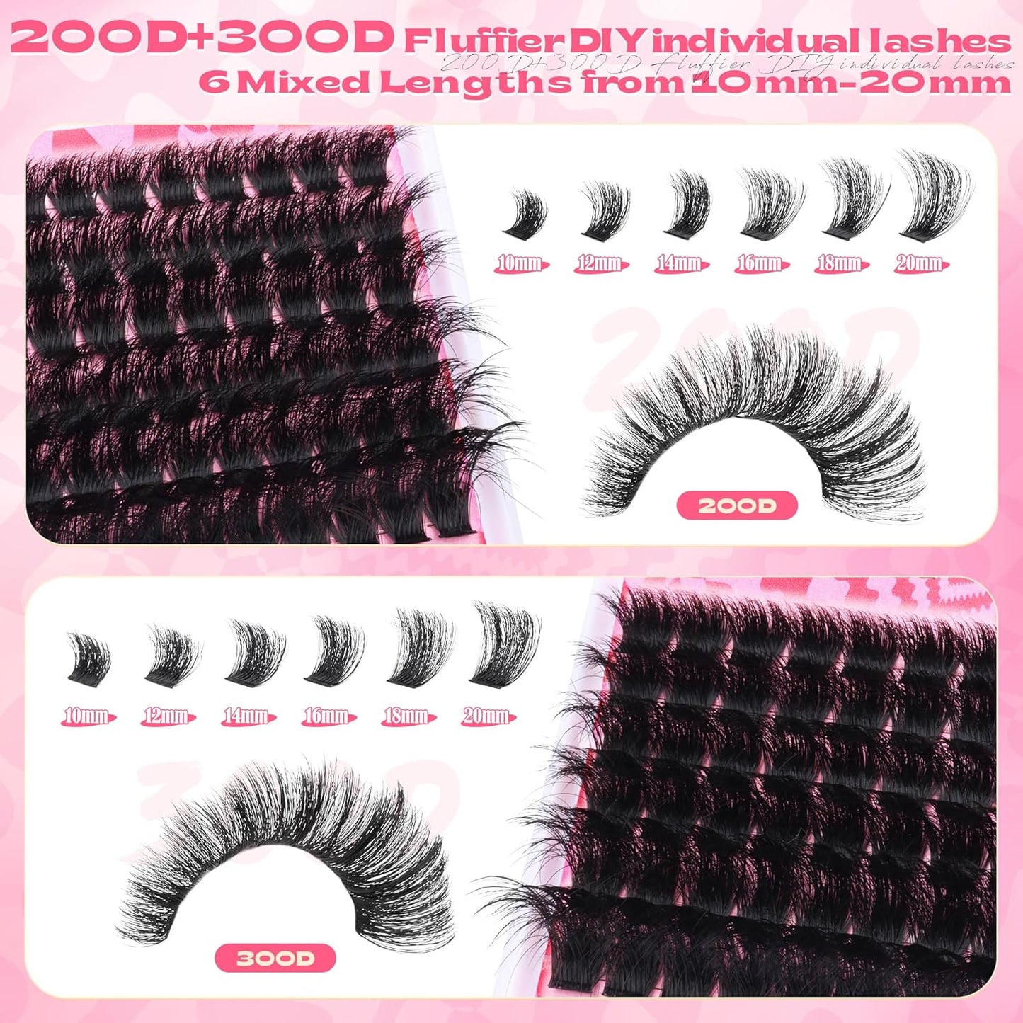 200D+300D Lash Clusters Volume Thick Individual Lashes Fluffy Cluster Eyelash Extensions 10-20MM D Curly Eyelashes Clusters Dramatic Lash Extension Faux Mink Mega Eyelash Clusters by Pleell